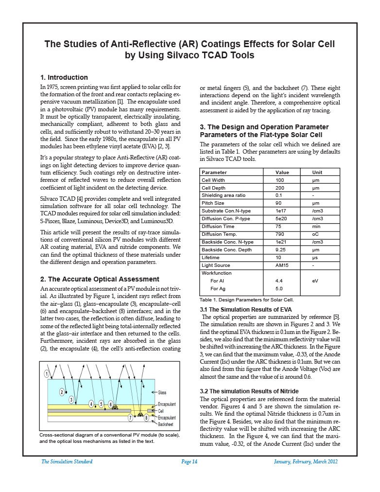 Read more about the article The Studies of Anti-Reflective (AR) Coatings Effects for Solar Cell by Using Silvaco TCAD Tools