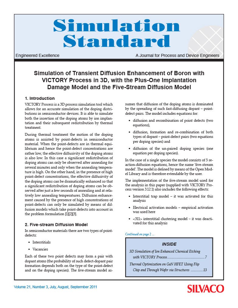 Read more about the article Simulation of Transient Diffusion Enhancement of Boron with VICTORY Process in 3D, with the Plus-One Implantation Damage Model and the Five-Stream Diffusion Model